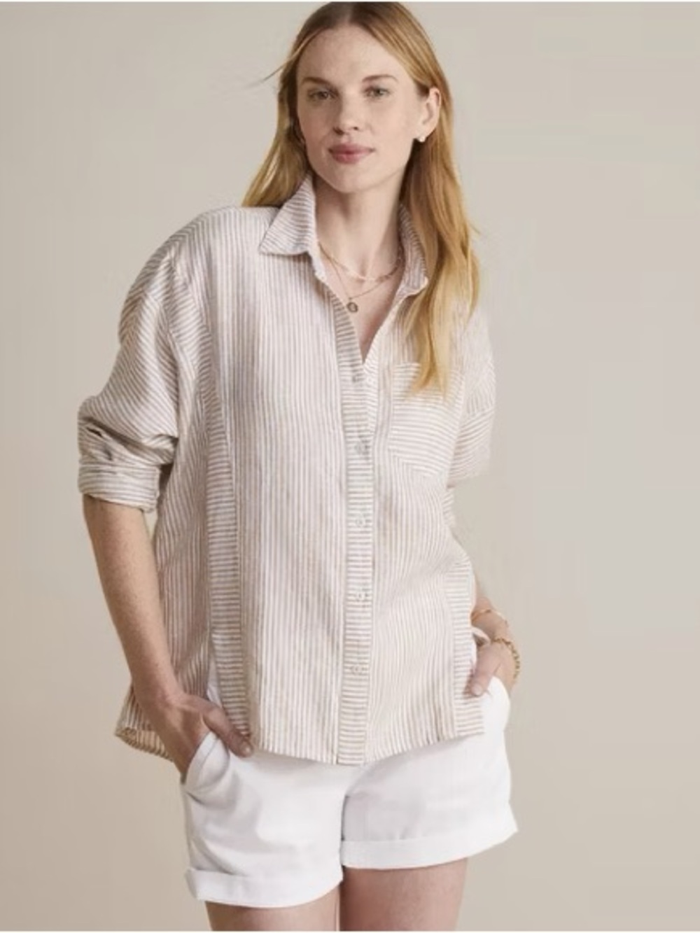 Elizabeth and James Beige and White Striped Button-Down Shirt linen beachy L